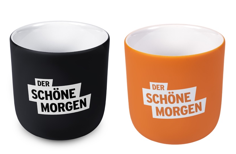 "Der schöne Morgen" Kaffeebecher - orange & schwarz