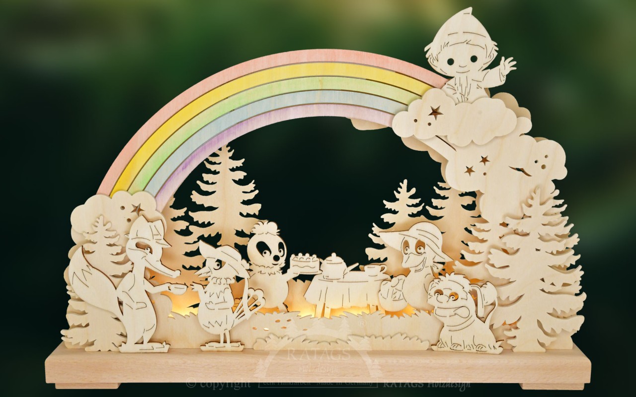 Unser Sandmännchen & Freunde unter dem Regenbogen - kleiner 3D-Schwibbogen